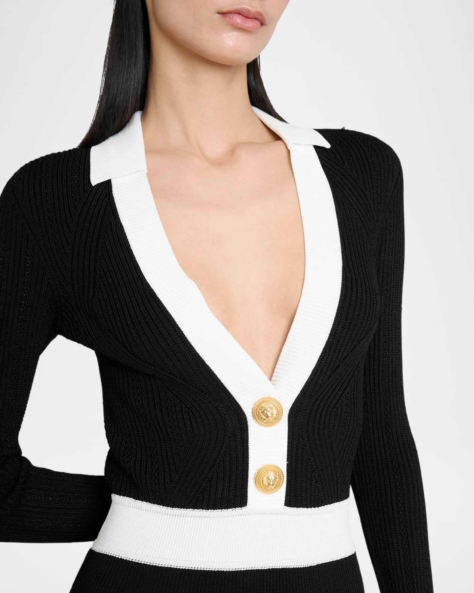 Long-Sleeve V-Neck Flared Knit Dress Product Image