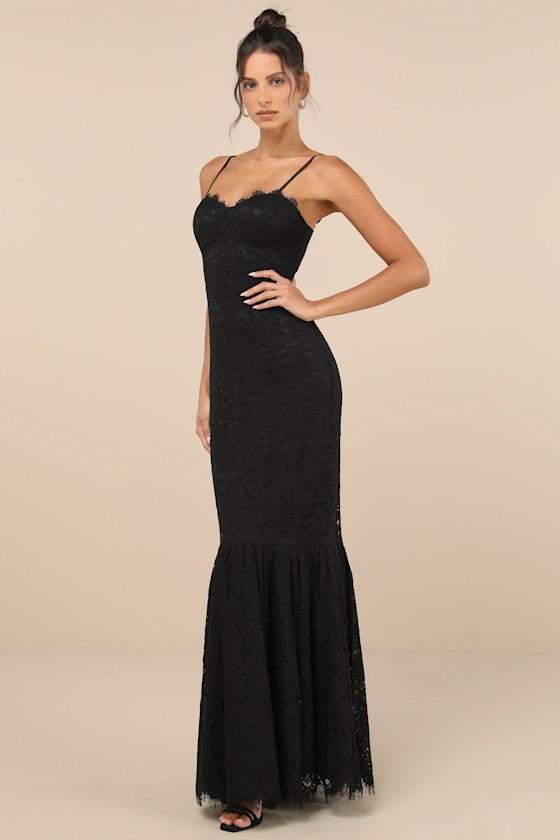 Instinctively Stunning Black Lace Bustier Trumpet Maxi Dress Product Image