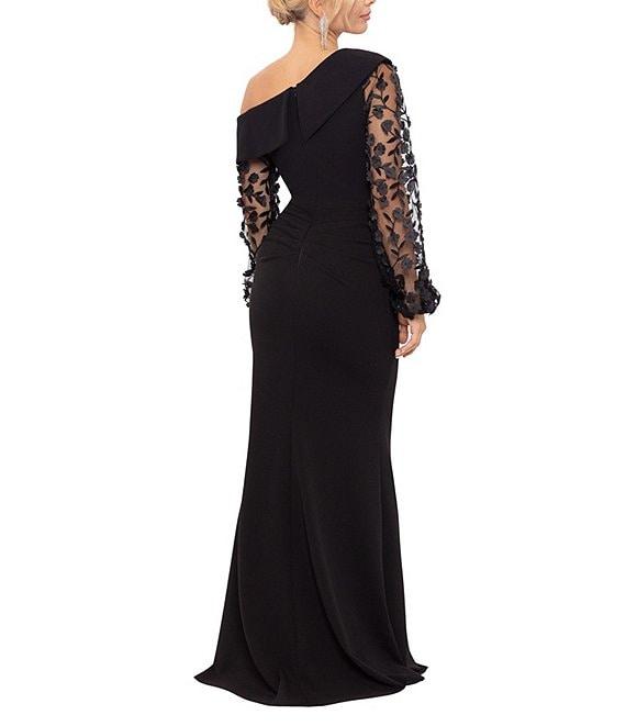 Xscape Scuba Crepe One Shoulder Long 3D Floral Sleeve Gown Product Image