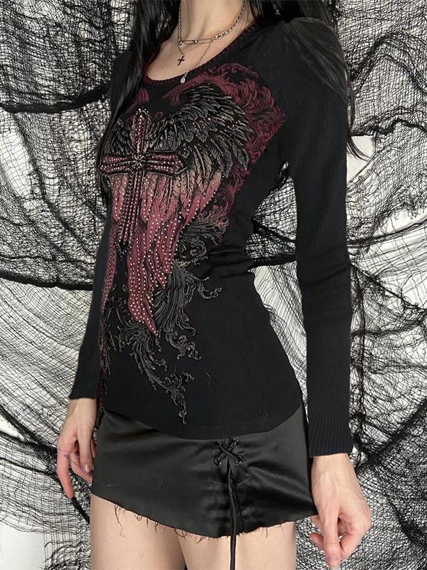 Wing Cross Rhinestone Print Long Sleeve Tee Product Image