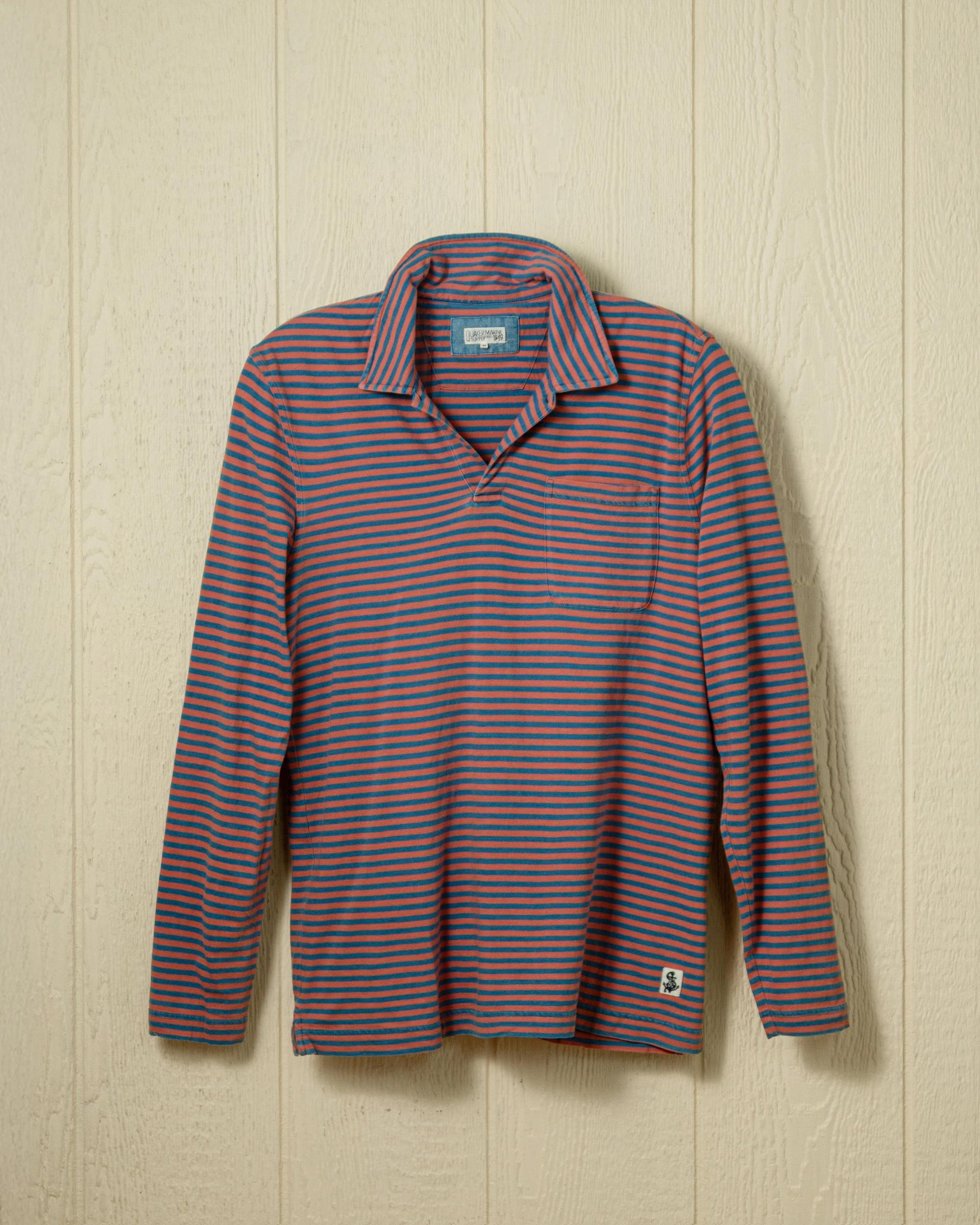 Long Sleeve Indigo Polo in Faded Red/Navy Even Stripe Product Image