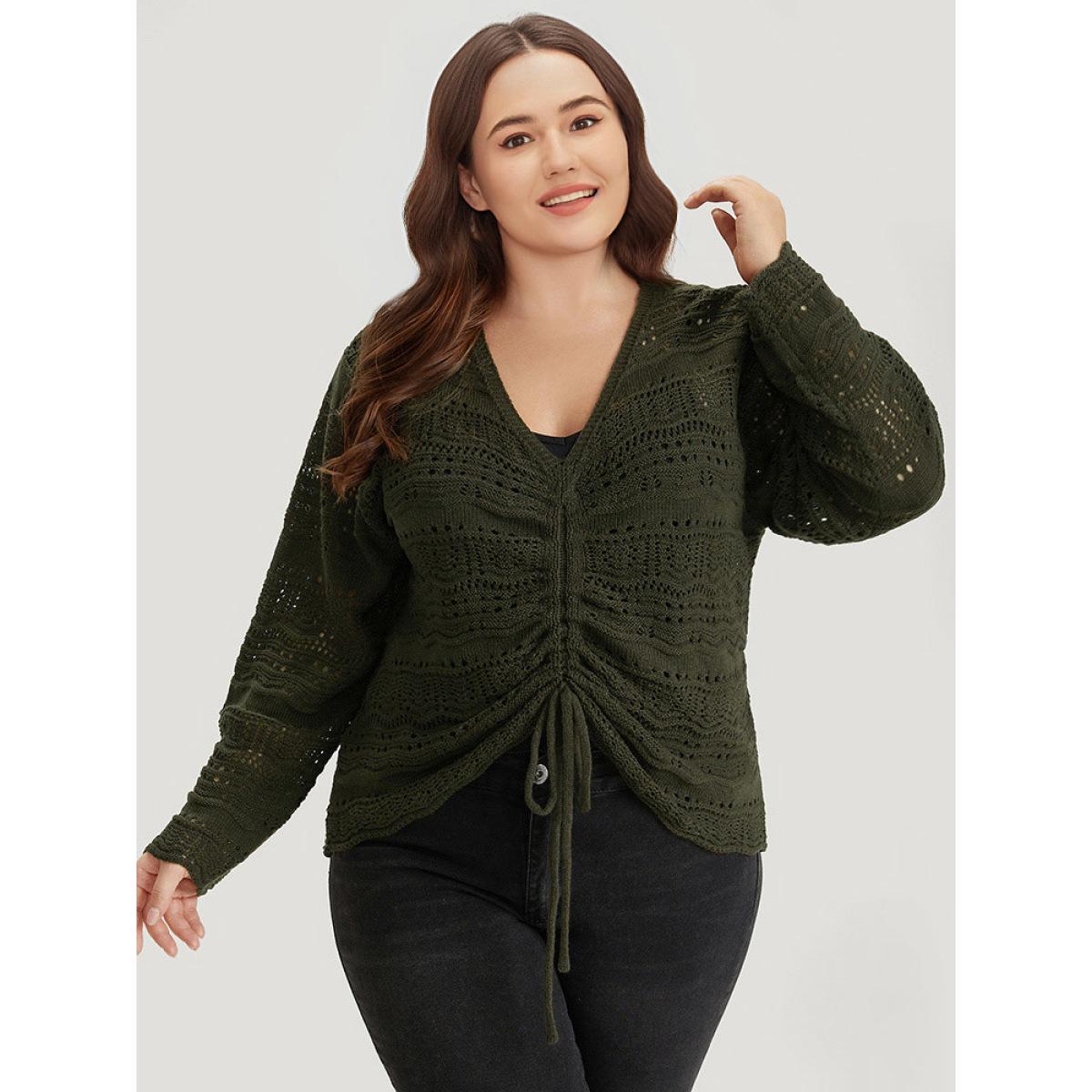 Plus Size Plain Drawstring Hem V Neck Pullover ArmyGreen Women Casual Loose Long Sleeve V-neck Everyday Pullovers BloomChic 26/4X Product Image