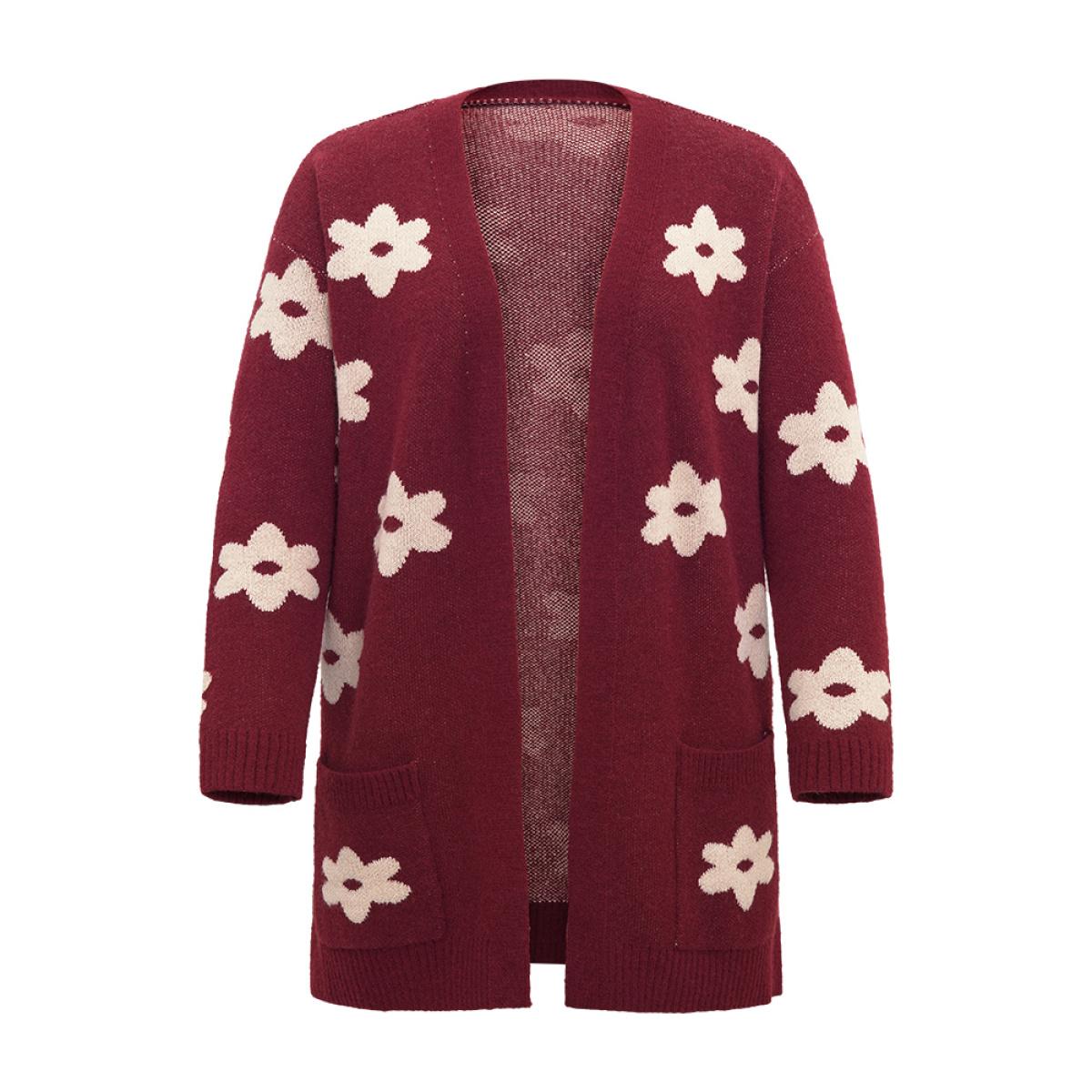 Plus Size Floral Two Tone Open Front Cardigan Burgundy Women Casual Loose Long Sleeve Dailywear Cardigans BloomChic 10/M Product Image