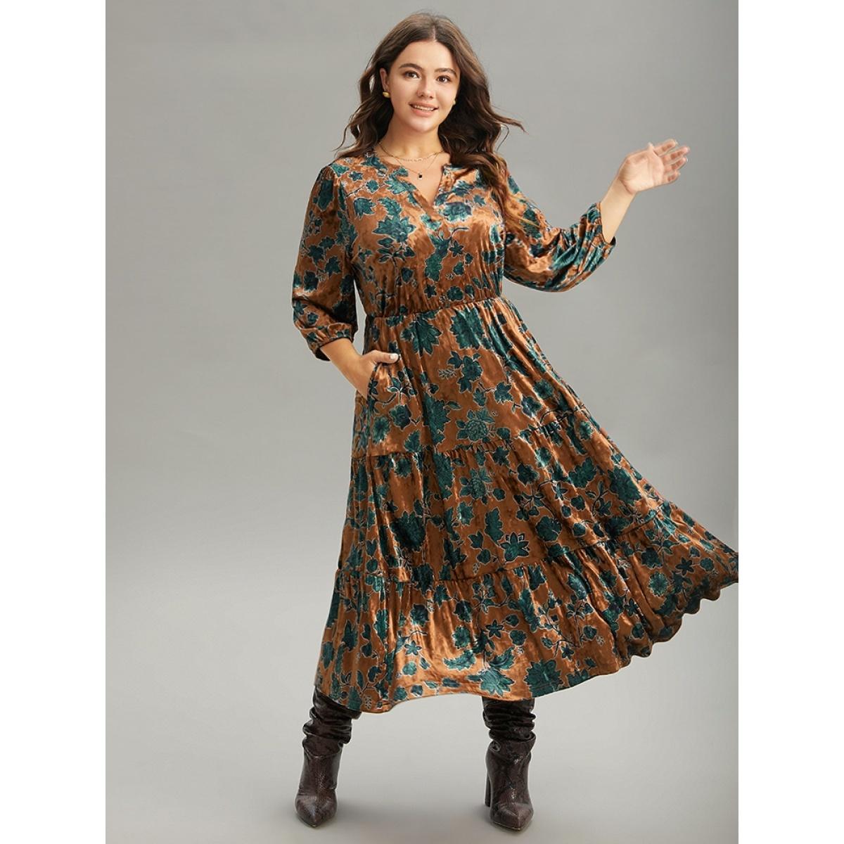 Plus Size Velvet Floral Print Notched Lantern Sleeve Dress Chocolate Women Casual Velvet Notched collar Elbow-length sleeve Curvy Midi Dress BloomChic 26/4X Product Image