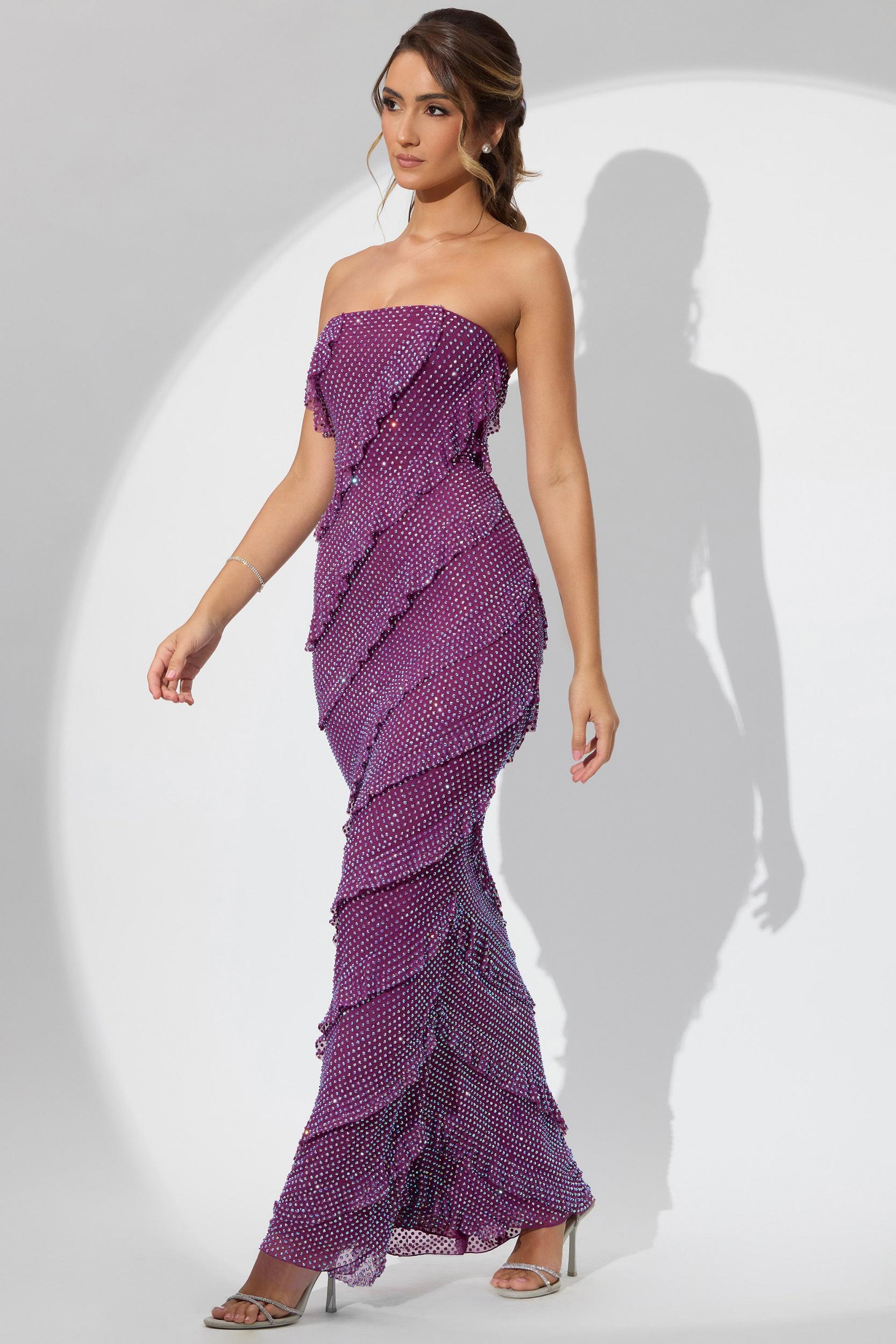 Embellished Strapless Ruffle Maxi Dress in Plum Product Image