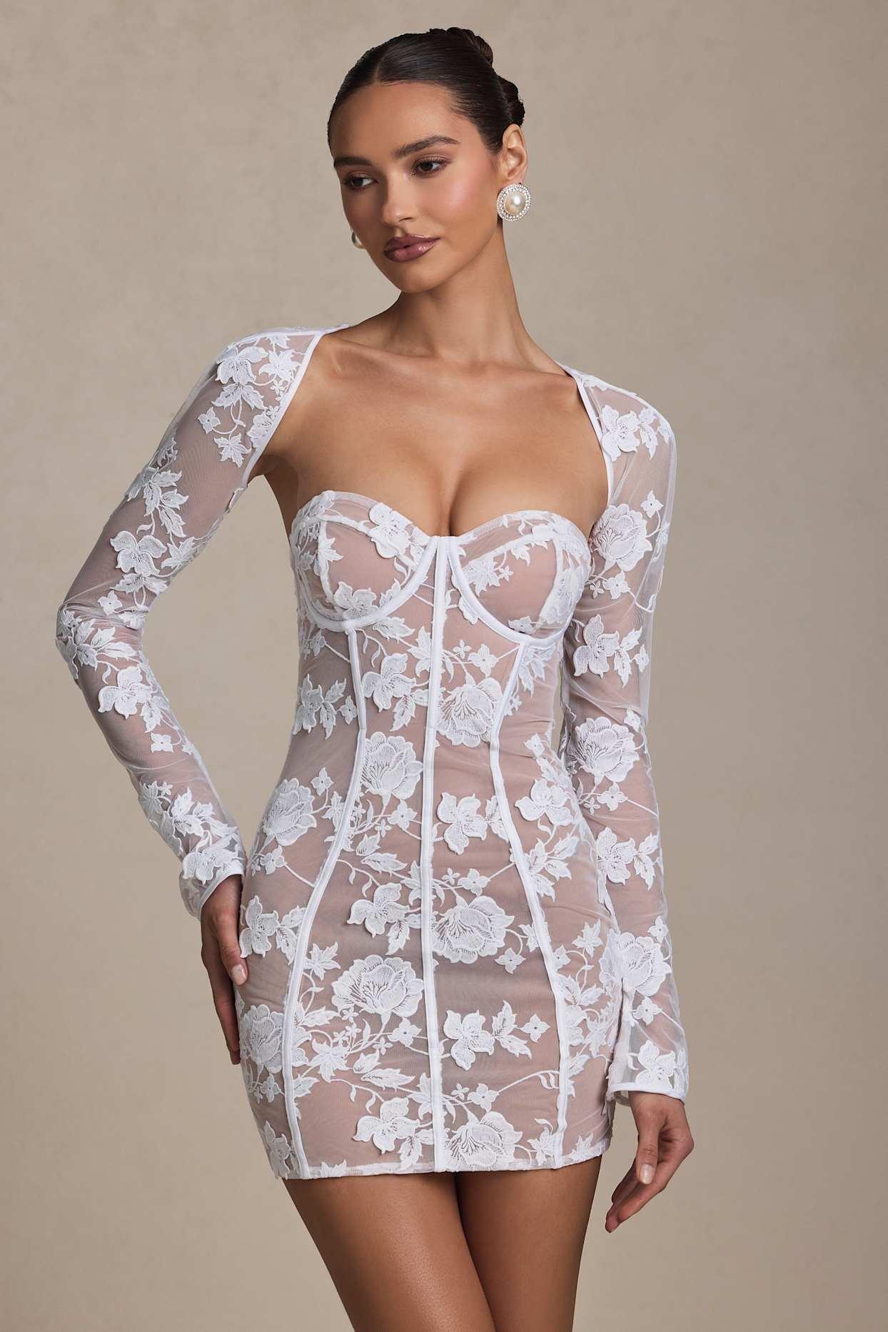 Lace-Detail Corset Mini Dress in White Product Image