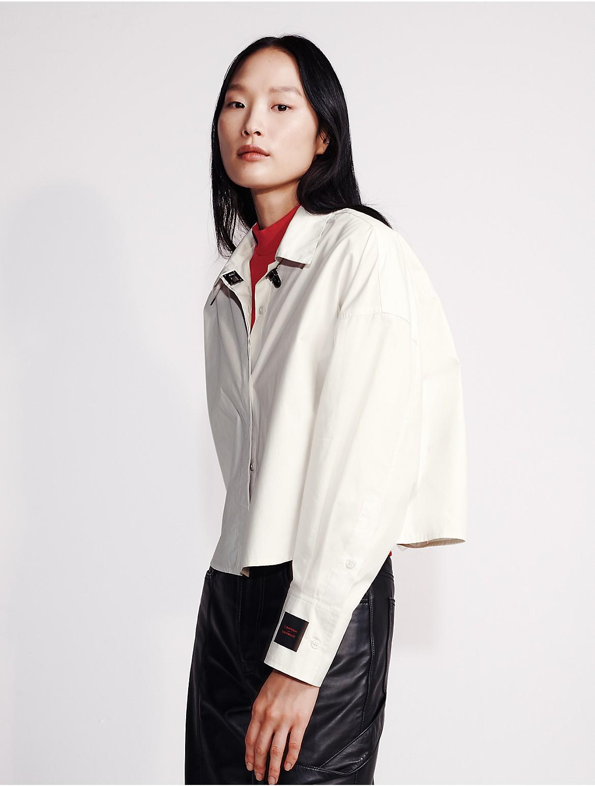 Calvin Klein Womens Poplin Woven Cropped Button-Down Shirt - White Product Image