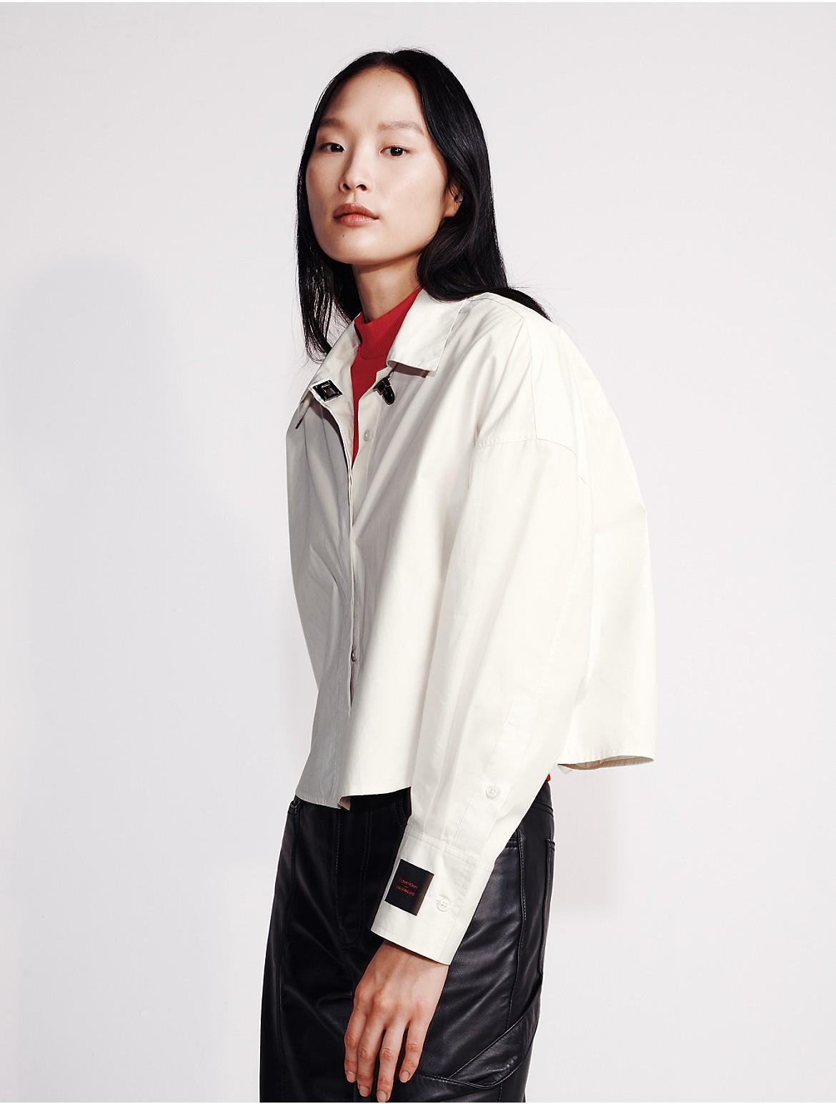 Calvin Klein Womens Poplin Woven Cropped Button-Down Shirt - White Product Image