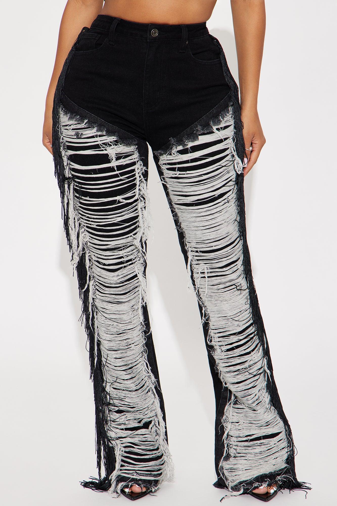 Make It Hotter Ripped Fringe Straight Leg Jeans - Black Wash Product Image
