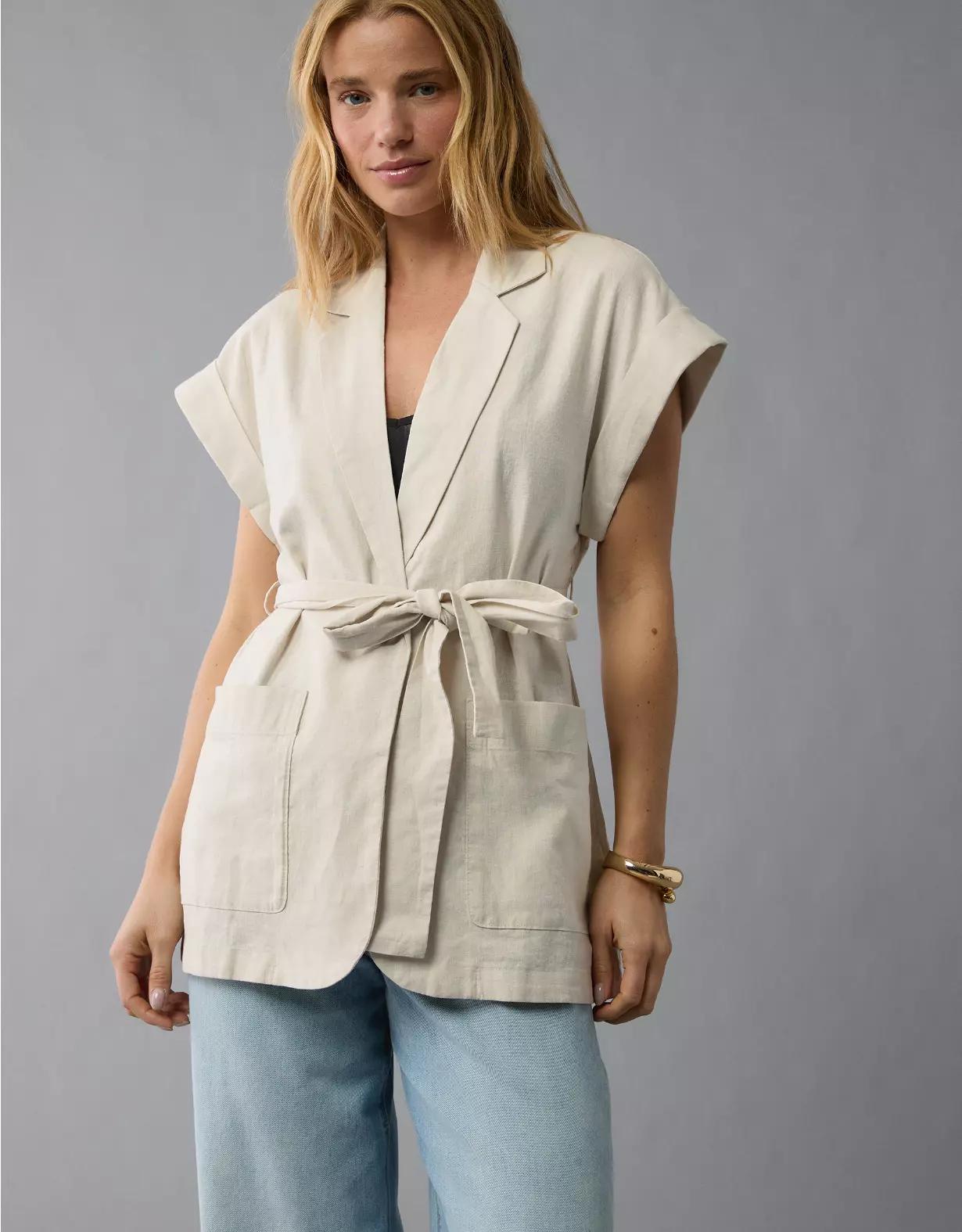 AE Linen-Blend Tie Waist Vest Product Image