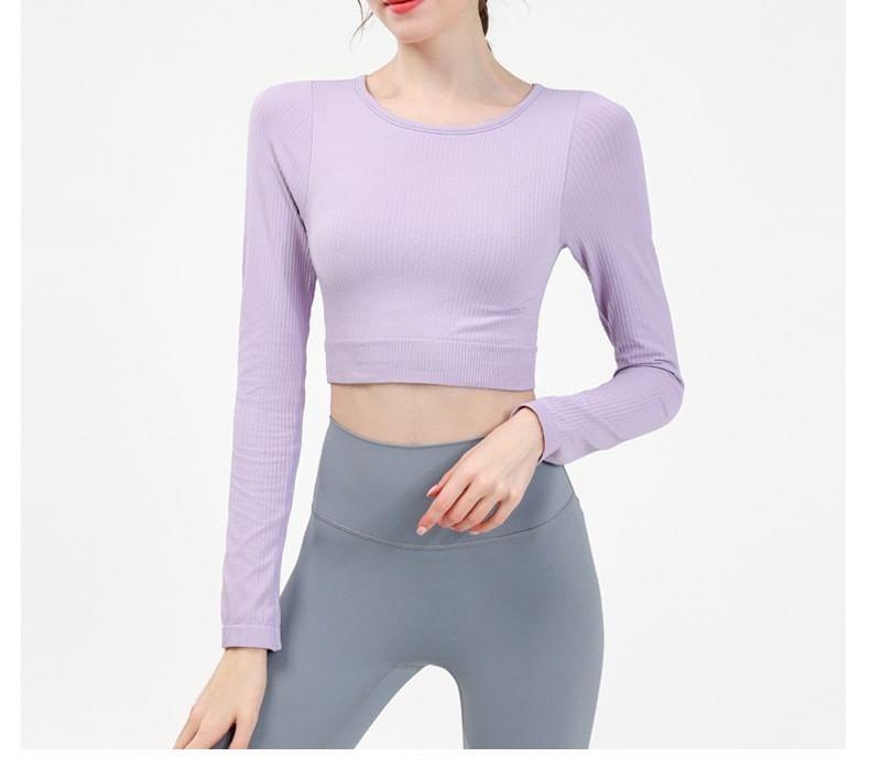 Long-Sleeve Round Neck Plain Crop Yoga T-Shirt Product Image