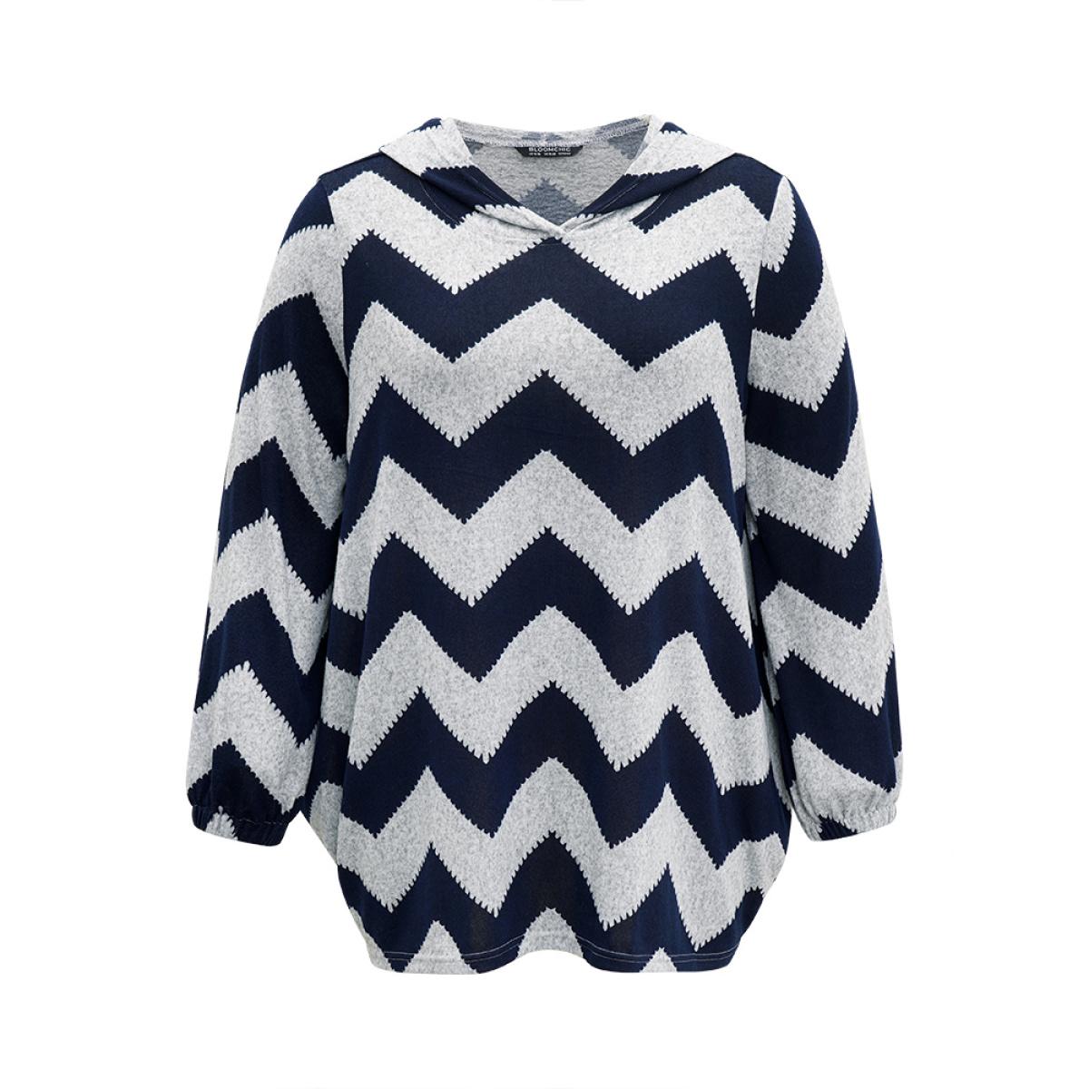 Plus Size Geo Striped Hooded Elastic Cuffs T-shirt Navy Women Casual Elastic cuffs Geometric Hooded Dailywear T-shirts BloomChic 30/6X Product Image