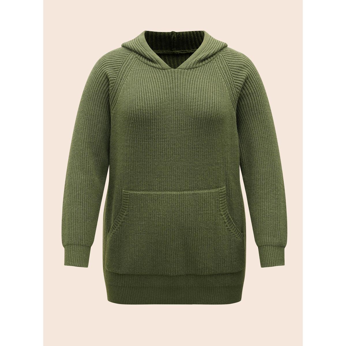 Plus Size Supersoft Essentials Plain Textured Hooded Pullover ArmyGreen Women Casual Loose Long Sleeve Hooded Everyday Pullovers BloomChic 12/L Product Image