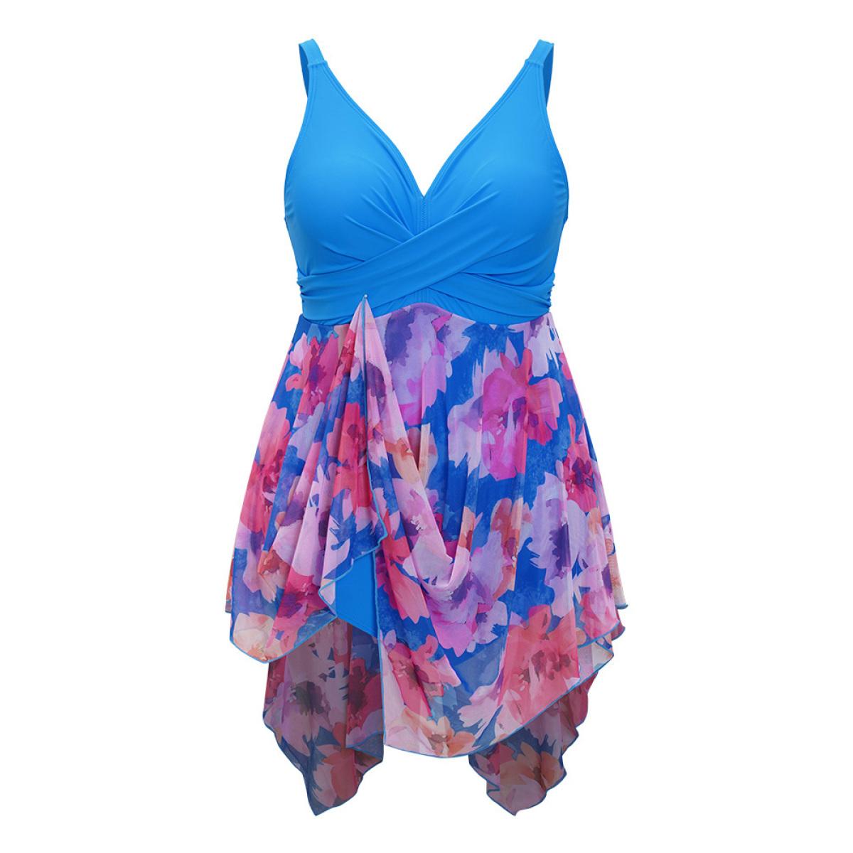 Plus Size Floral Patchwork Hanky Hem Crossover V Neck Swim Dress Women's Swimwear Cerulean Vacation Bodycon V-neck High stretch Curve Swim Dresses BloomChic 10/M Product Image
