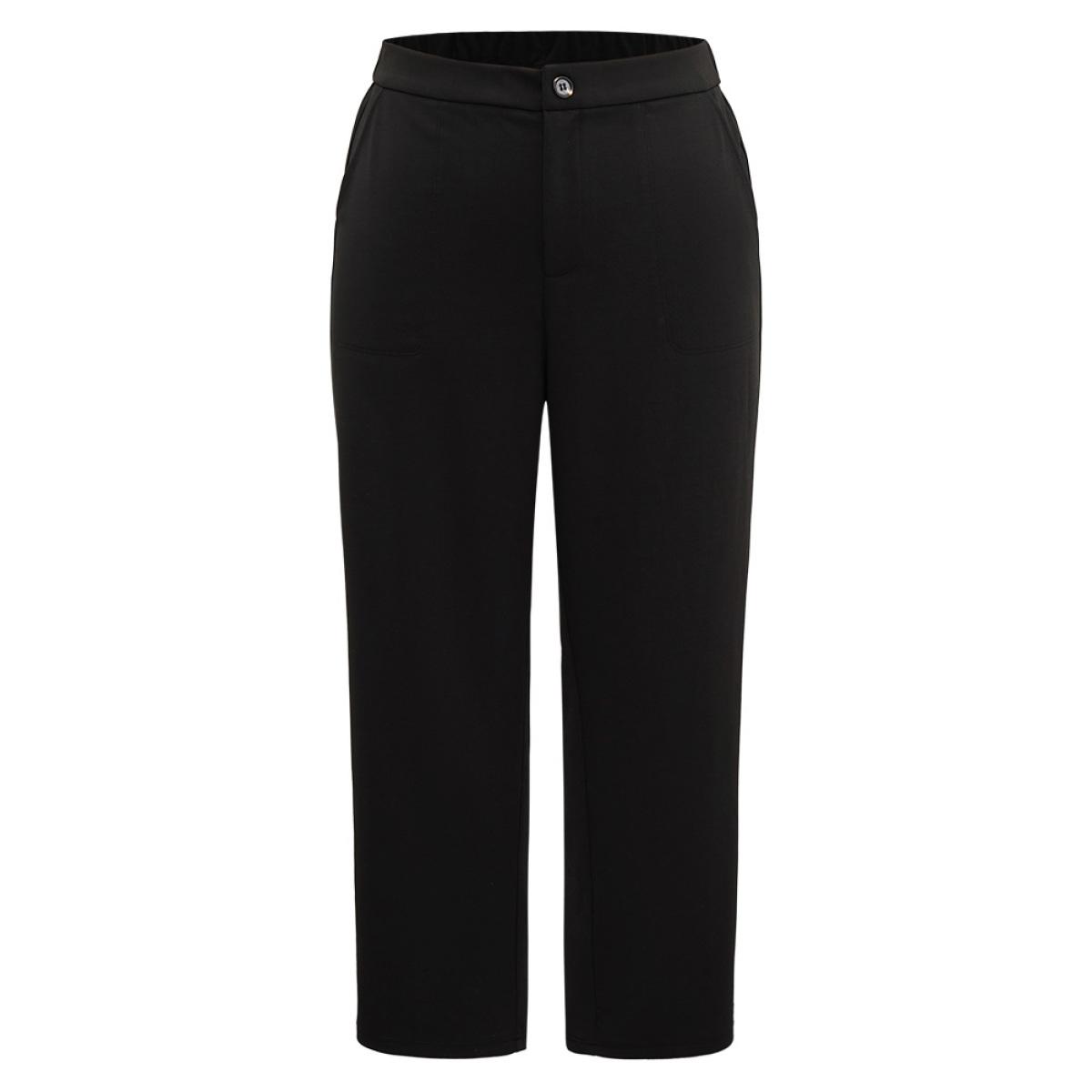 Plus Size Plain Elastic Waist Pocket Mid Rise Pants Women Black Office Mid Rise Office Pants BloomChic 12/L Product Image