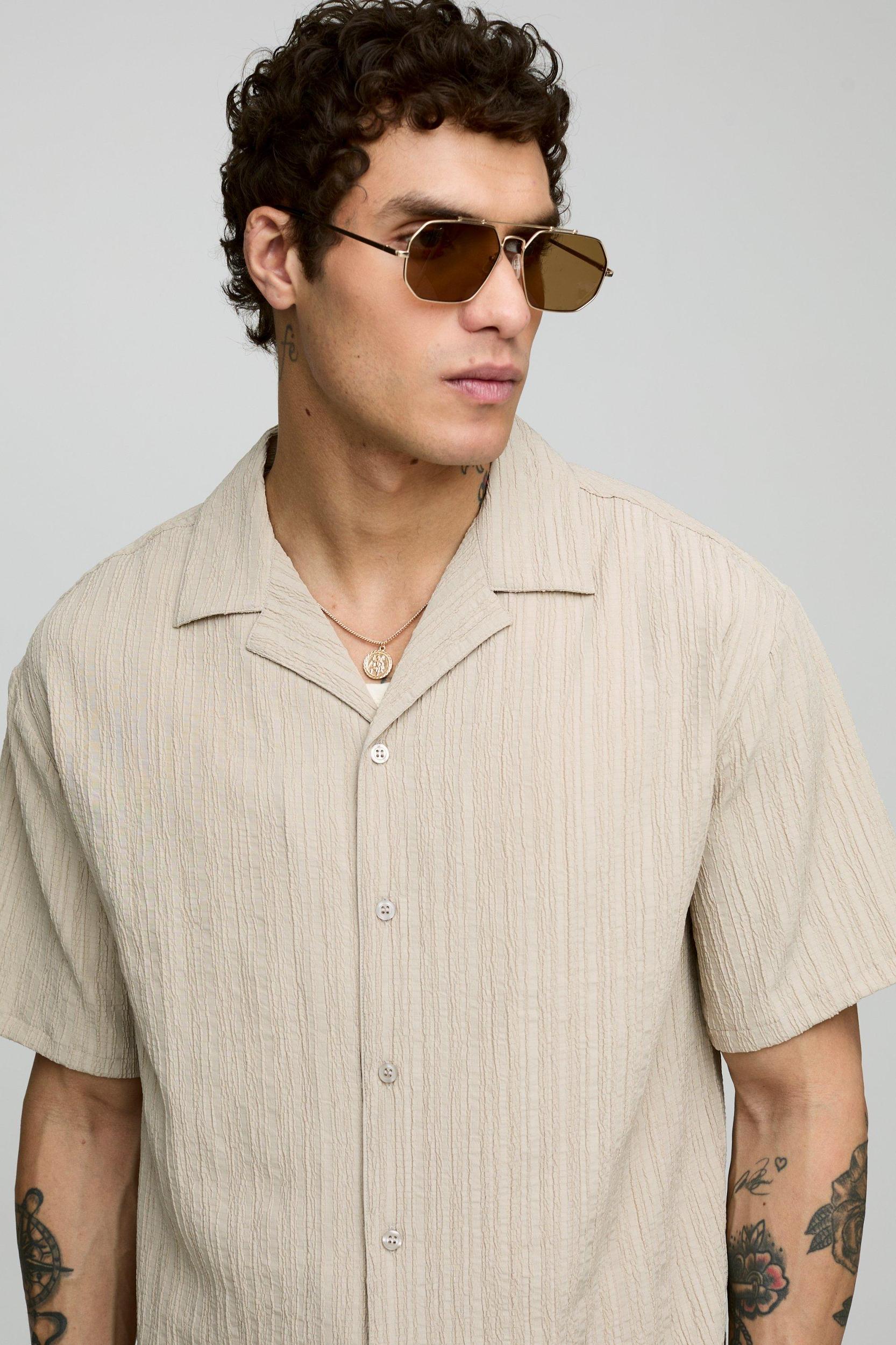 Oversized Textured Short Sleeve Shirt & Short Set | boohooMAN USA Product Image