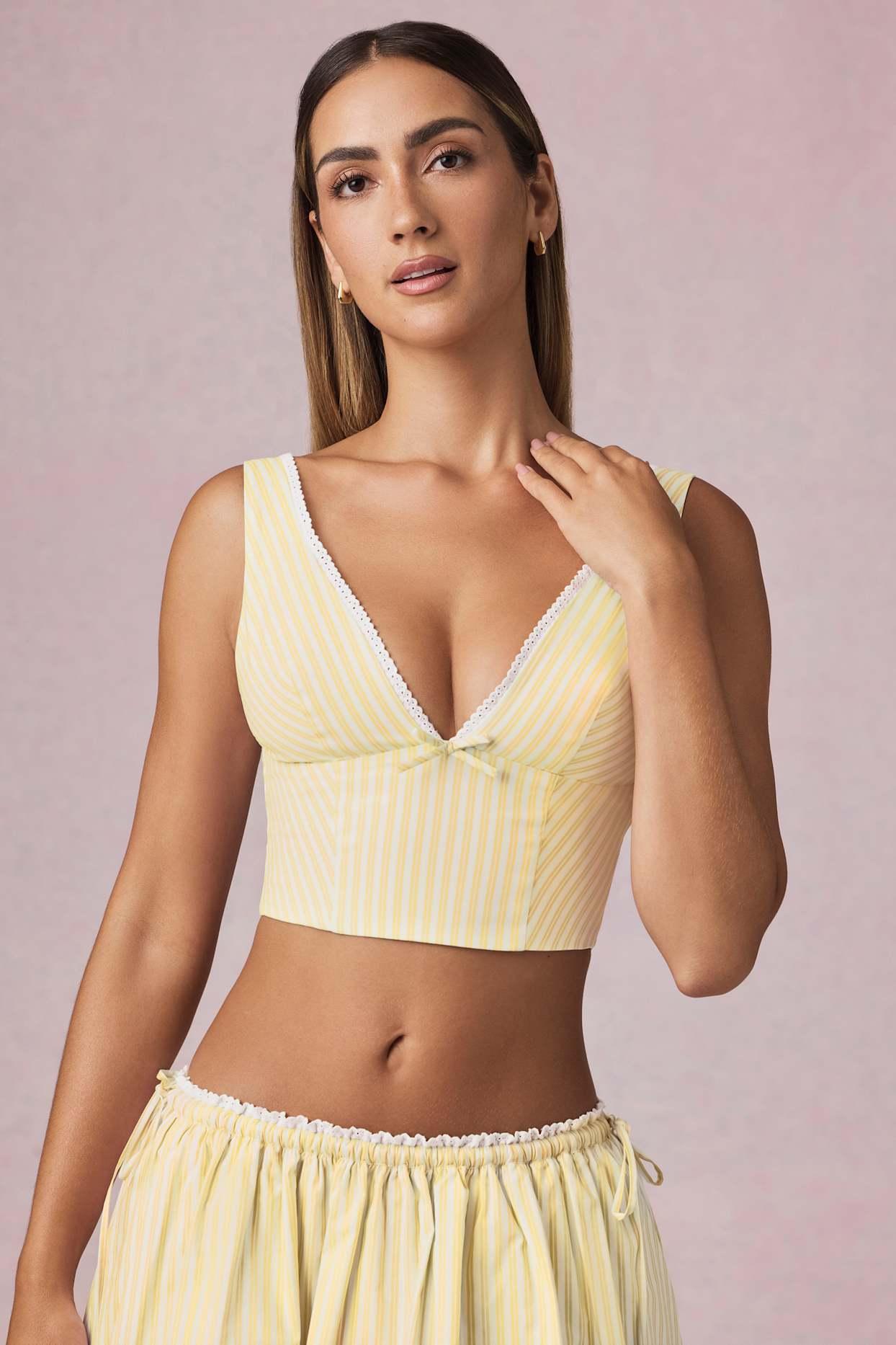 Bow-Detail Crop Top in Lemon Yellow Stripe Product Image
