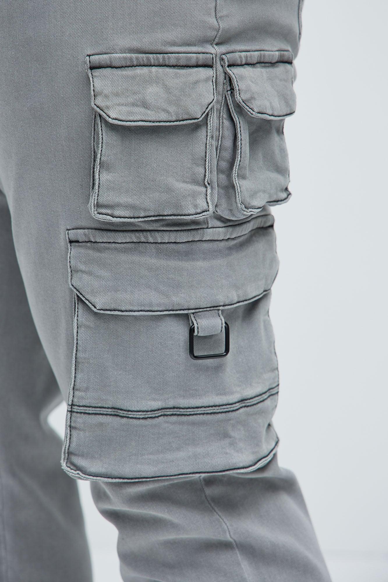 Get This Cargo Stacked Skinny Zipper Flare Jeans - Grey Product Image