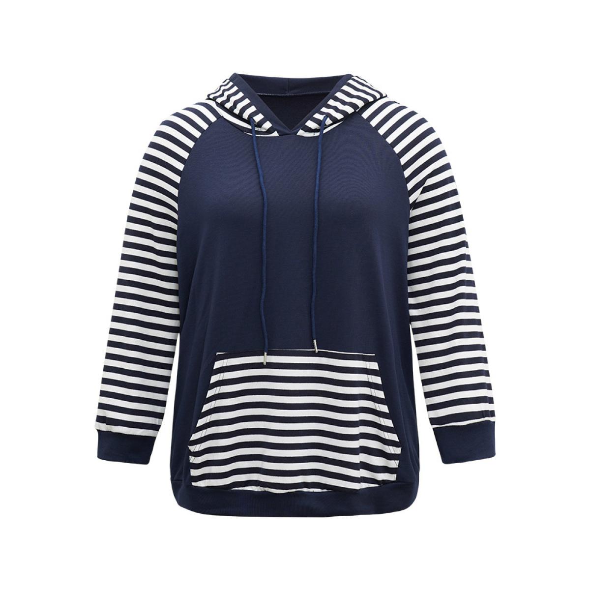 Plus Size Striped Patchwork Drawstring Hooded Pocket Sweatshirt Women Indigo Casual Contrast Hooded Dailywear Sweatshirts BloomChic 14-16/1X Product Image