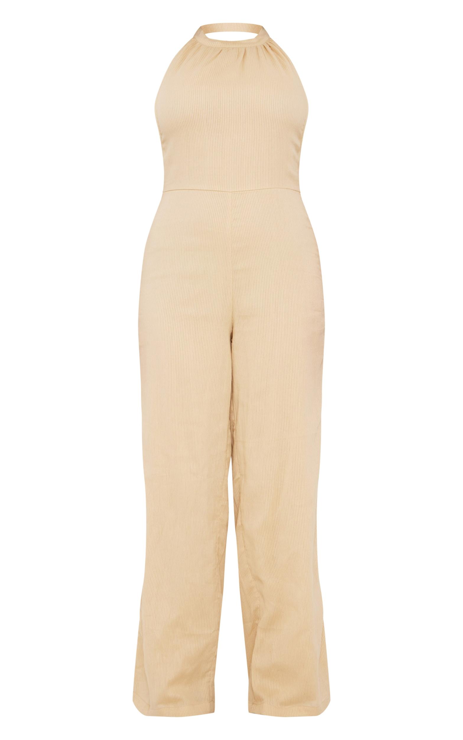 Camel Textured Halterneck Low Back Jumpsuit Product Image
