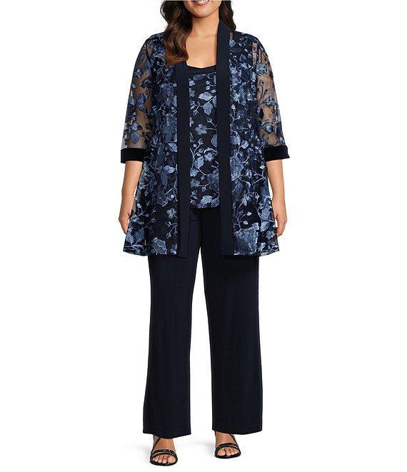 R & M Richards Plus Size 3/4 Sleeve Crew Neck Embroidered 2-Piece Pant Set Product Image