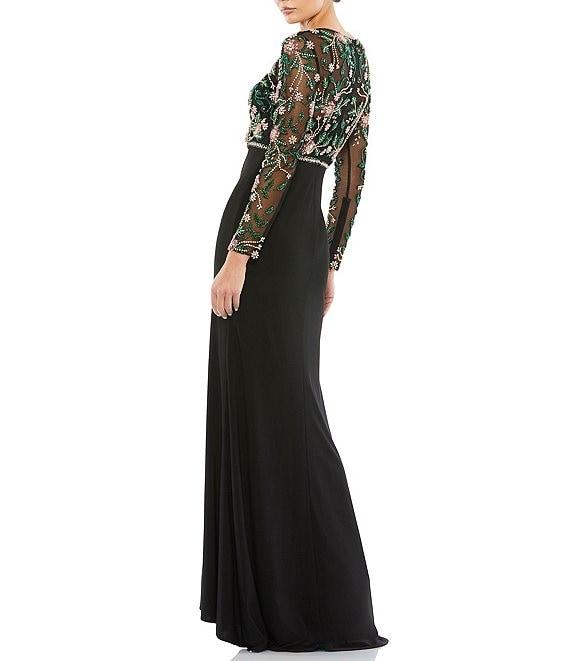 Mac Duggal Sequin Beaded Mesh Boat Neck Long Sleeve Gown Product Image