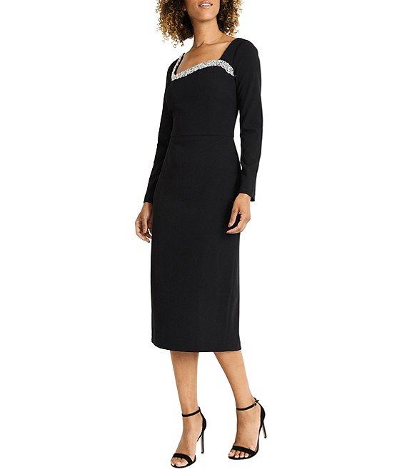 Maggy London Scuba Crepe Bodycon Embellished Square Neckline Long Sleeve Midi Dress Product Image