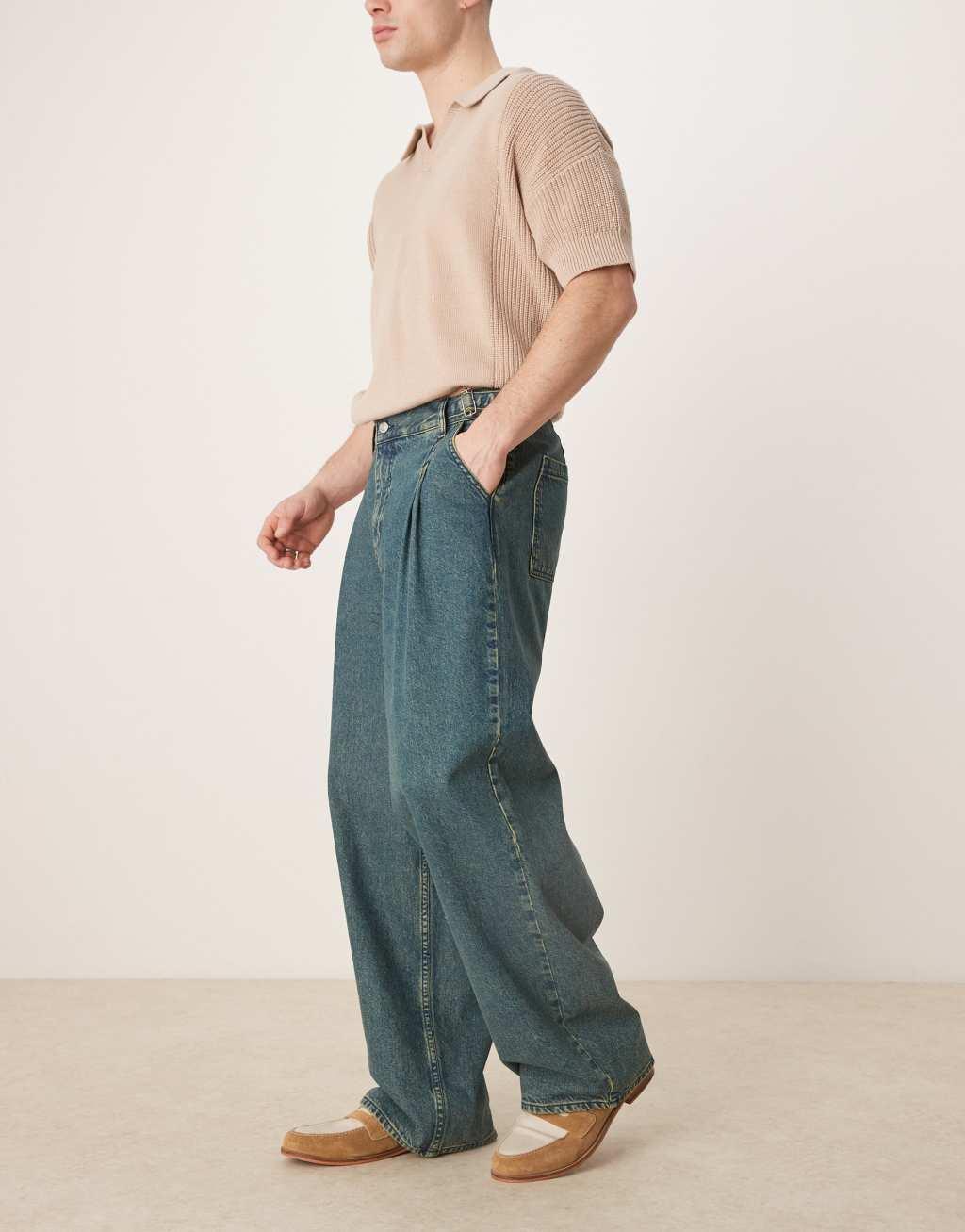 ASOS DESIGN double pleated jeans with side ties in mid wash blue Product Image