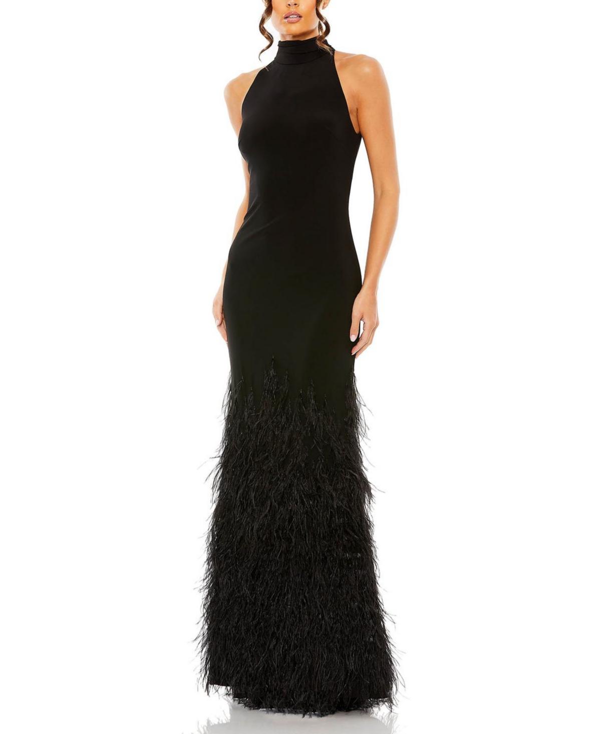 Mac Duggal Feather Tiered Detail Jersey Halter Gown Product Image