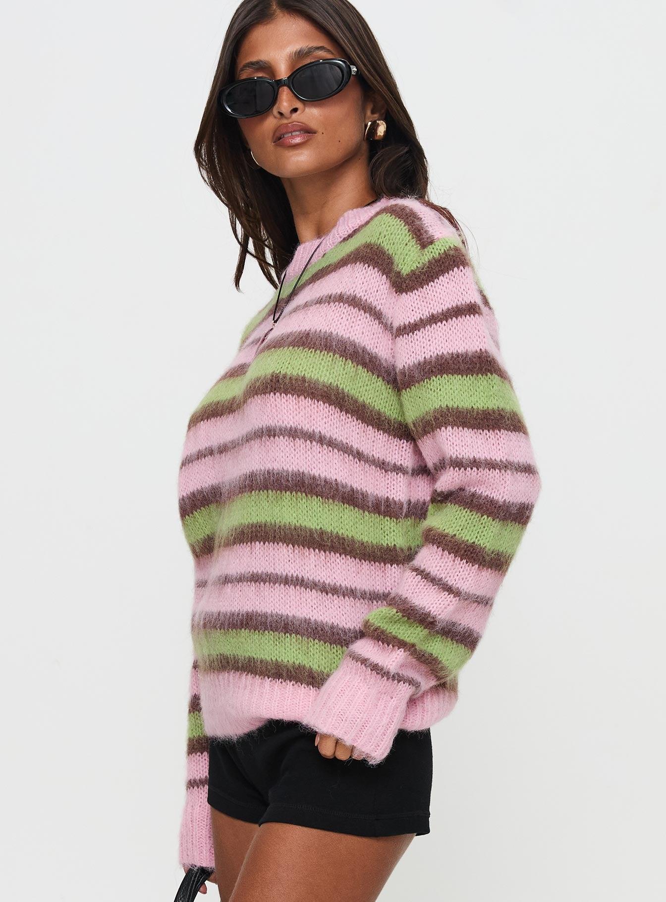 Maysie Crew Neck Knit Sweater Green / Pink Product Image