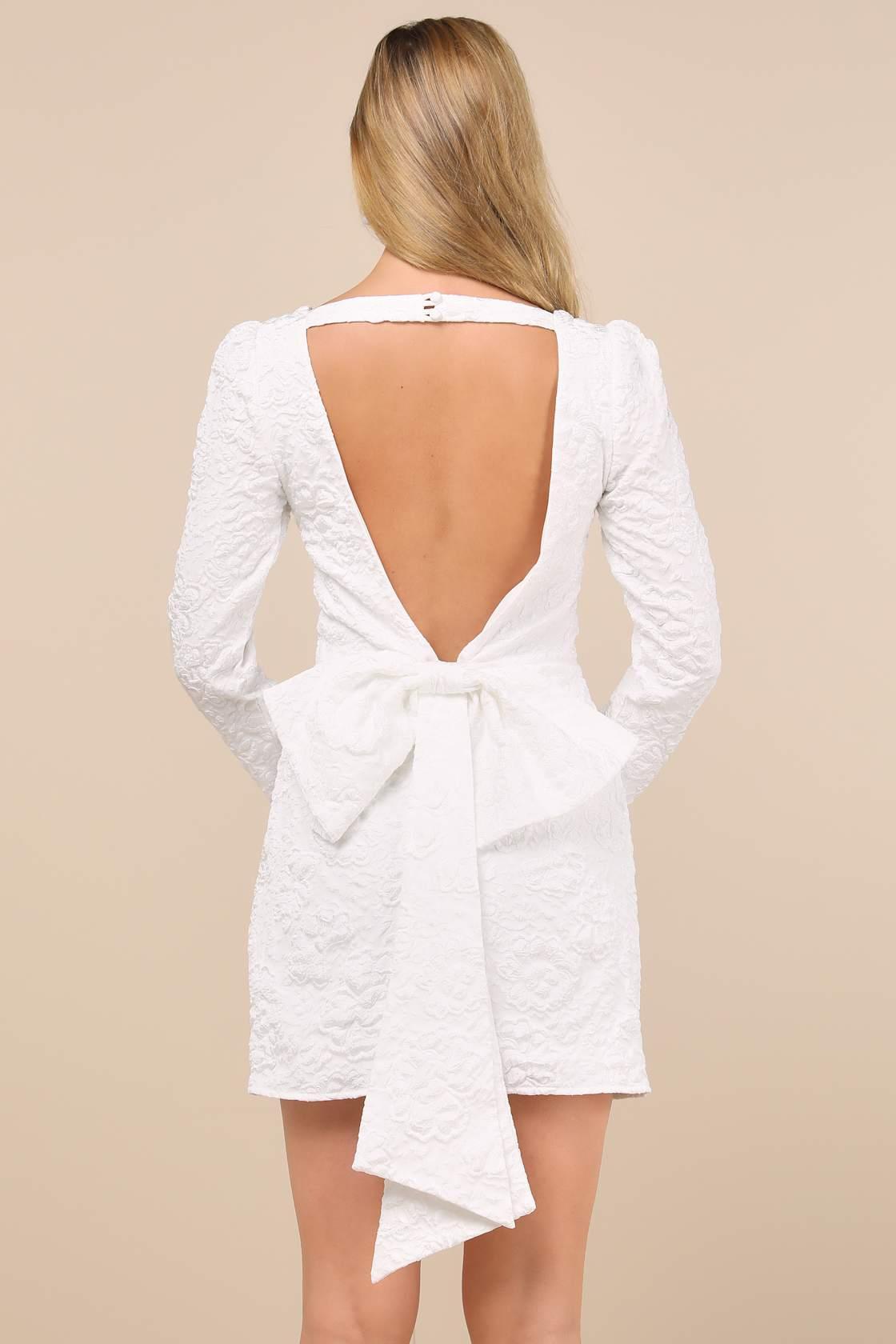 Elevated Icon White Jacquard Long Sleeve Bow Mini Dress Product Image