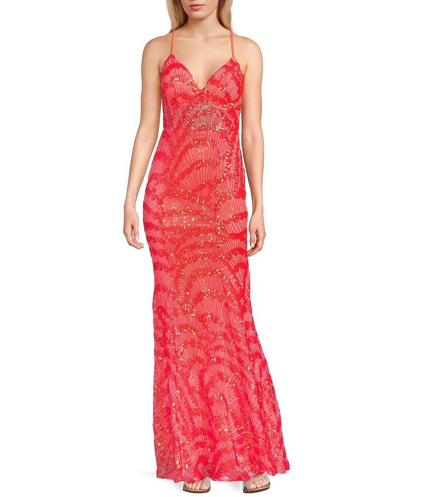 City Vibe Lace/Sequin Plunge Neck Spaghetti Strap Corset Waist Fit & Flare Dress Product Image
