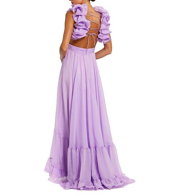 Ieena Mac Duggal Chiffon V-Neck Sleeveless Cut-Out Strappy Back Detail Tiered Ruffle Hem Gown Product Image