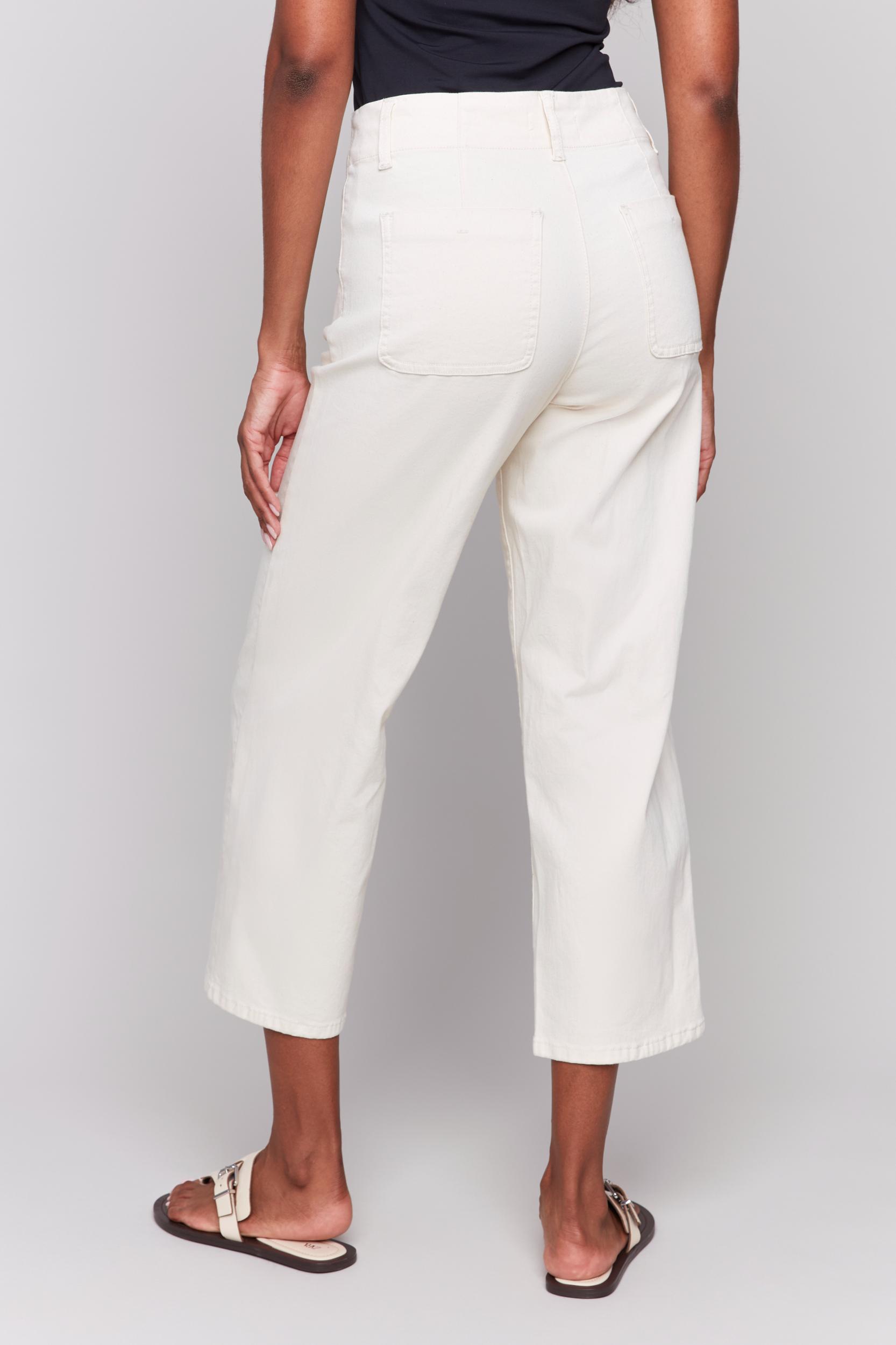 White Button Front Fly Straight Crop Leg Pant Product Image