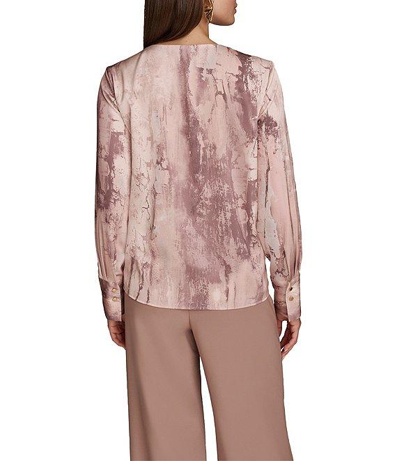 Donna Karan Mink Multi Printed Satin Twist Front V-Neck Long Sleeve Blouse Product Image
