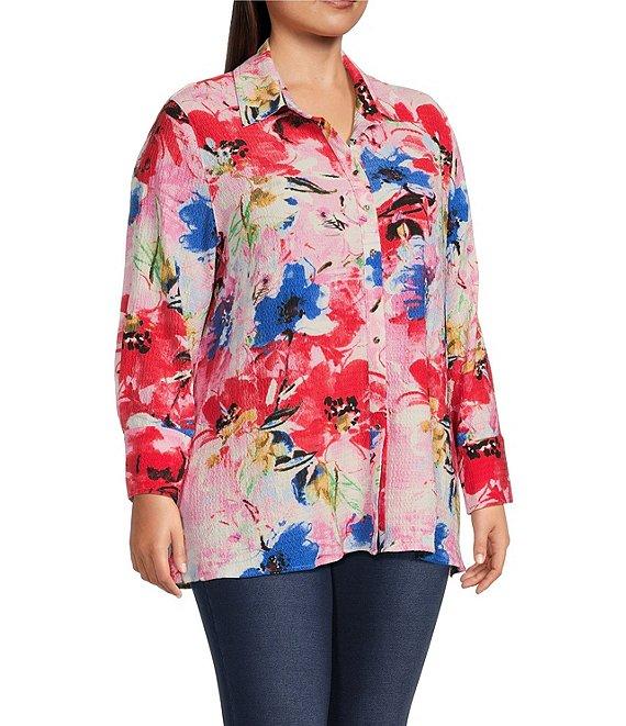 Calessa Plus Size Antique Floral Print Textured Crinkle Point Collar Long Sleeve Button Front Tunic Product Image