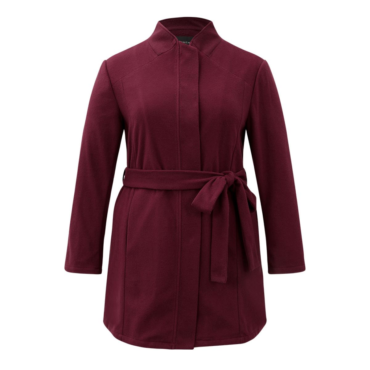 Plus Size Solid Button Fly Stand Collar Belted Pocket Coat Women Burgundy Casual Plain Ladies Everyday Winter Coats BloomChic 26/4X Product Image