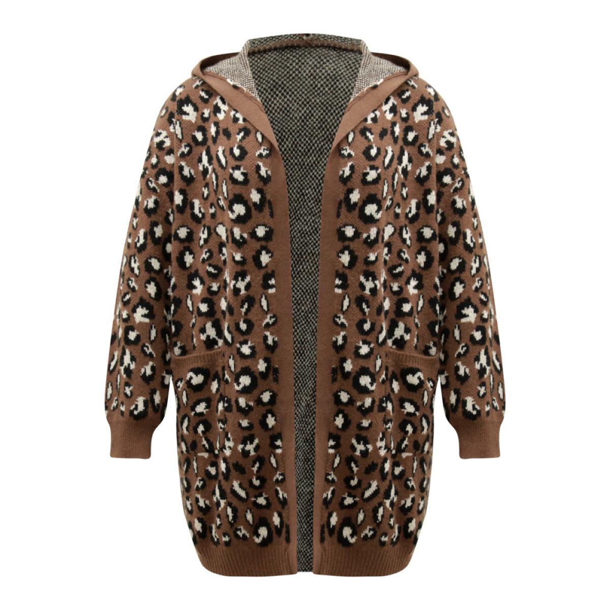 Plus Size Supersoft Essentials Leopard Hooded Pocket Cardigan DarkBrown Women Casual Loose Long Sleeve Dailywear Cardigans BloomChic 18-20/2X Product Image
