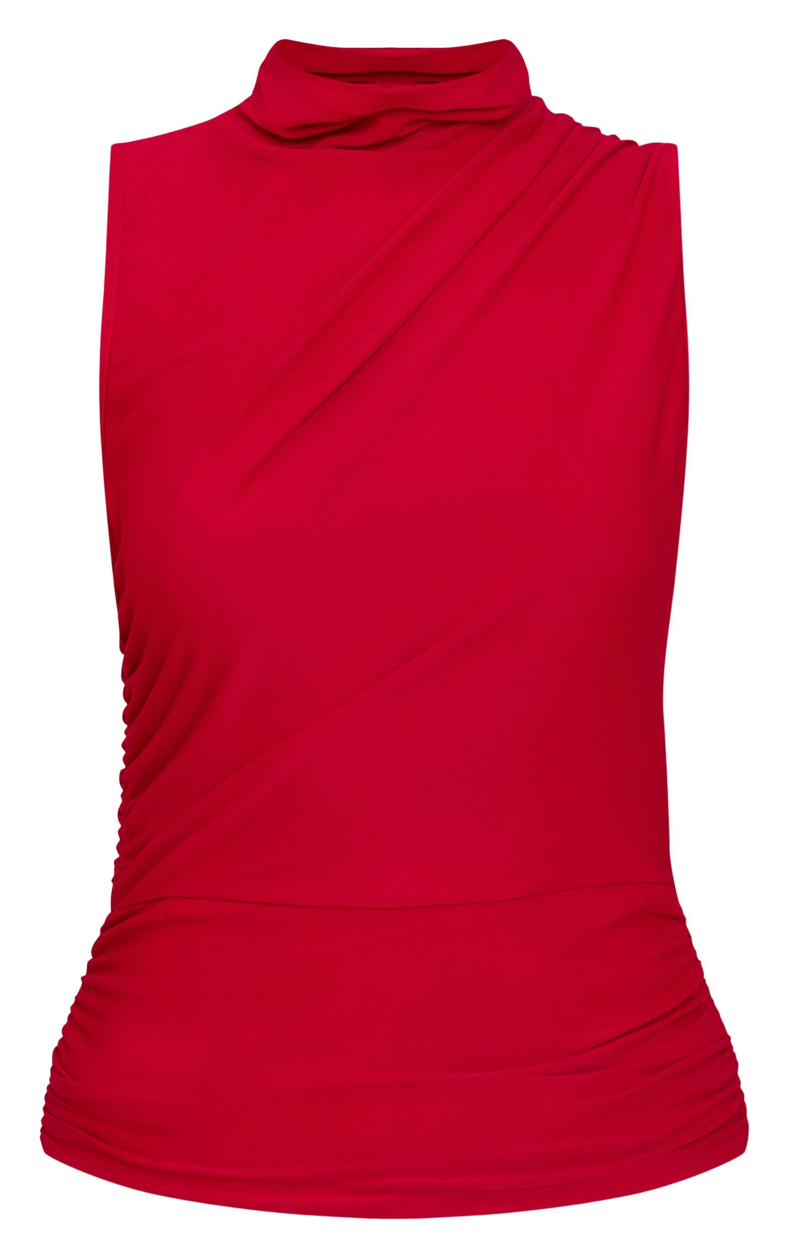Red Soft Touch Ruched Side High Neck Top Product Image