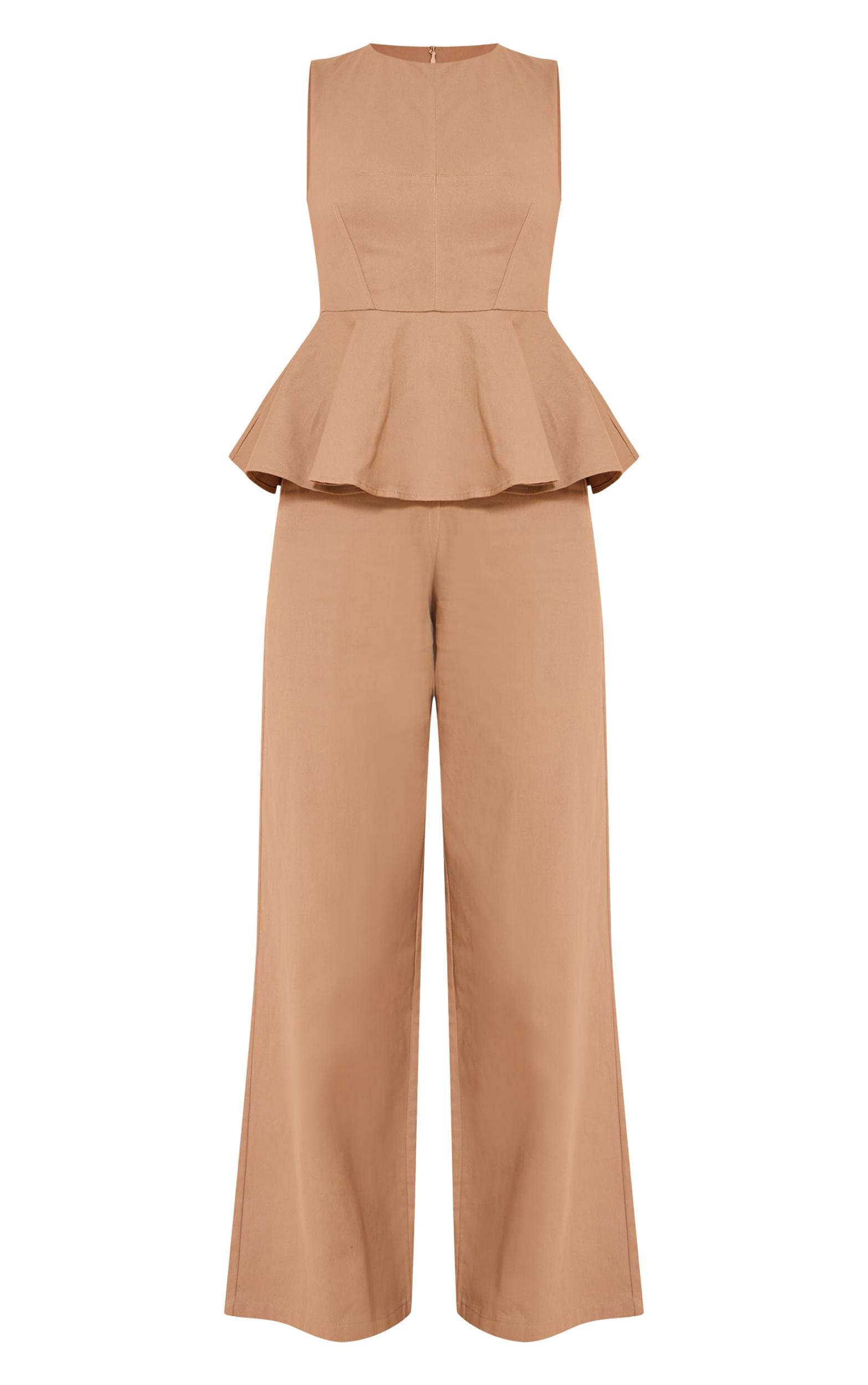 Mocha Cotton Peplum Detail Wide Leg Jumpsuit Product Image