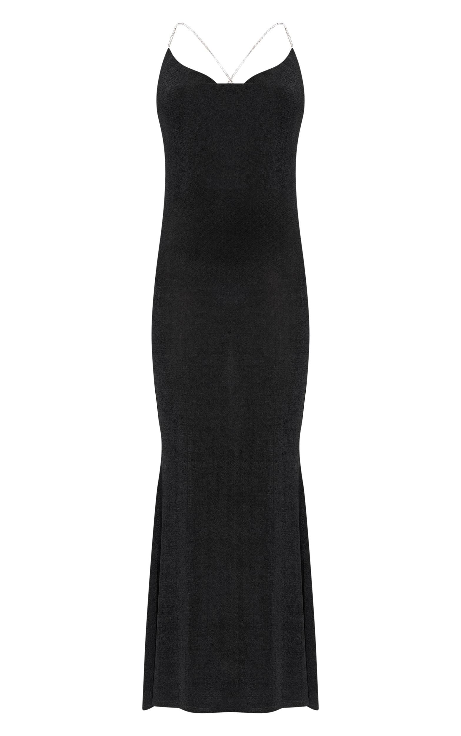 Black Slinky Diamante Strap Cowl Back Maxi Dress Product Image