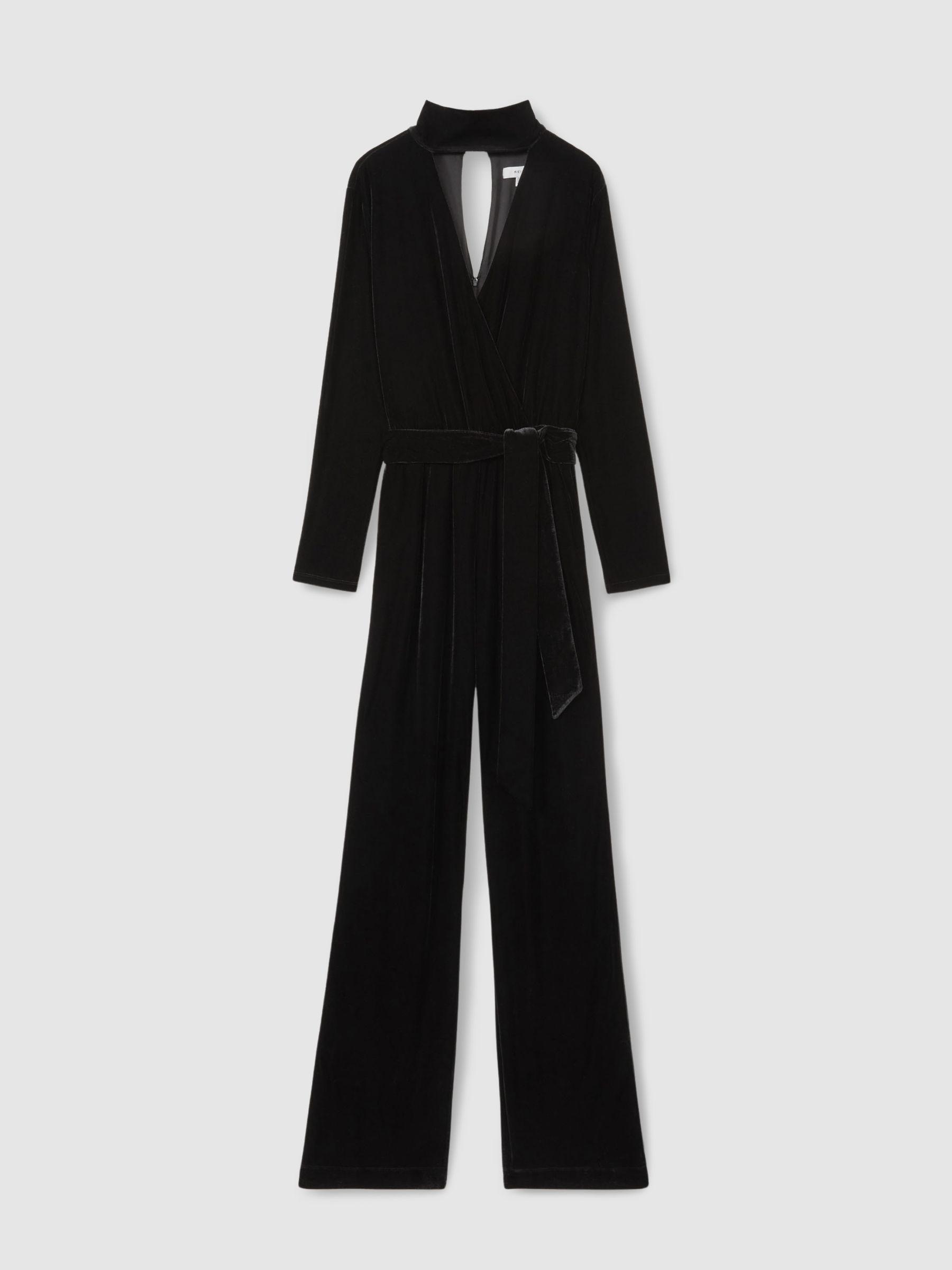 Petite Velvet Belted Wide Leg Jumpsuit in Black Product Image