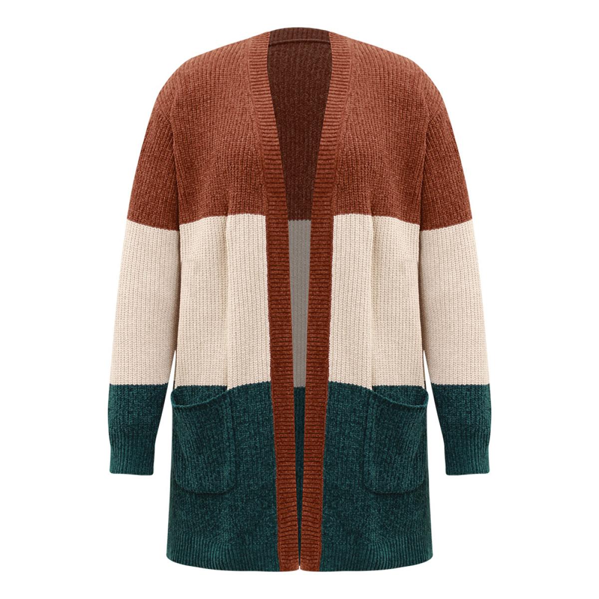 Plus Size Open Front Colorblock Patched Pocket Cardigan Multicolor Women Casual Loose Long Sleeve Dailywear Cardigans BloomChic 22-24/3X Product Image