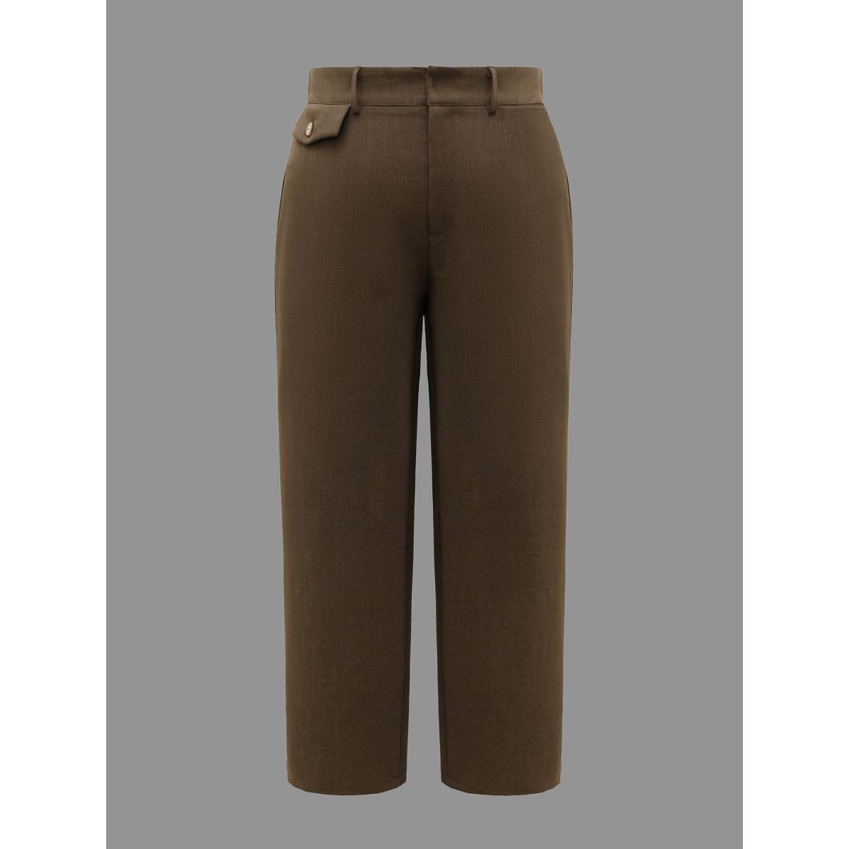 Plus Size Stretchy-Waist Decorative Pockets Straight-Leg Pants Women DarkBrown At the Office Straight Leg Mid Rise Work Pants BloomChic 26/4X Product Image