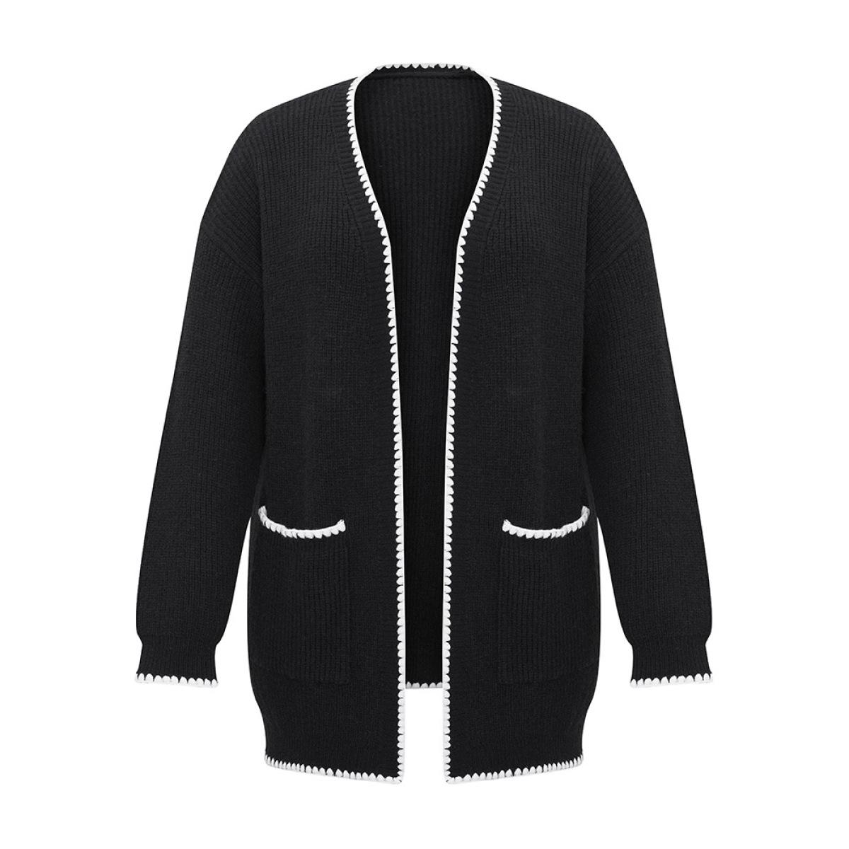 Plus Size Supersoft Essentials Contrast Trim Open Front Pocket Knit Cardigan Black Women Casual Loose Long Sleeve Dailywear Cardigans BloomChic 28/5X Product Image