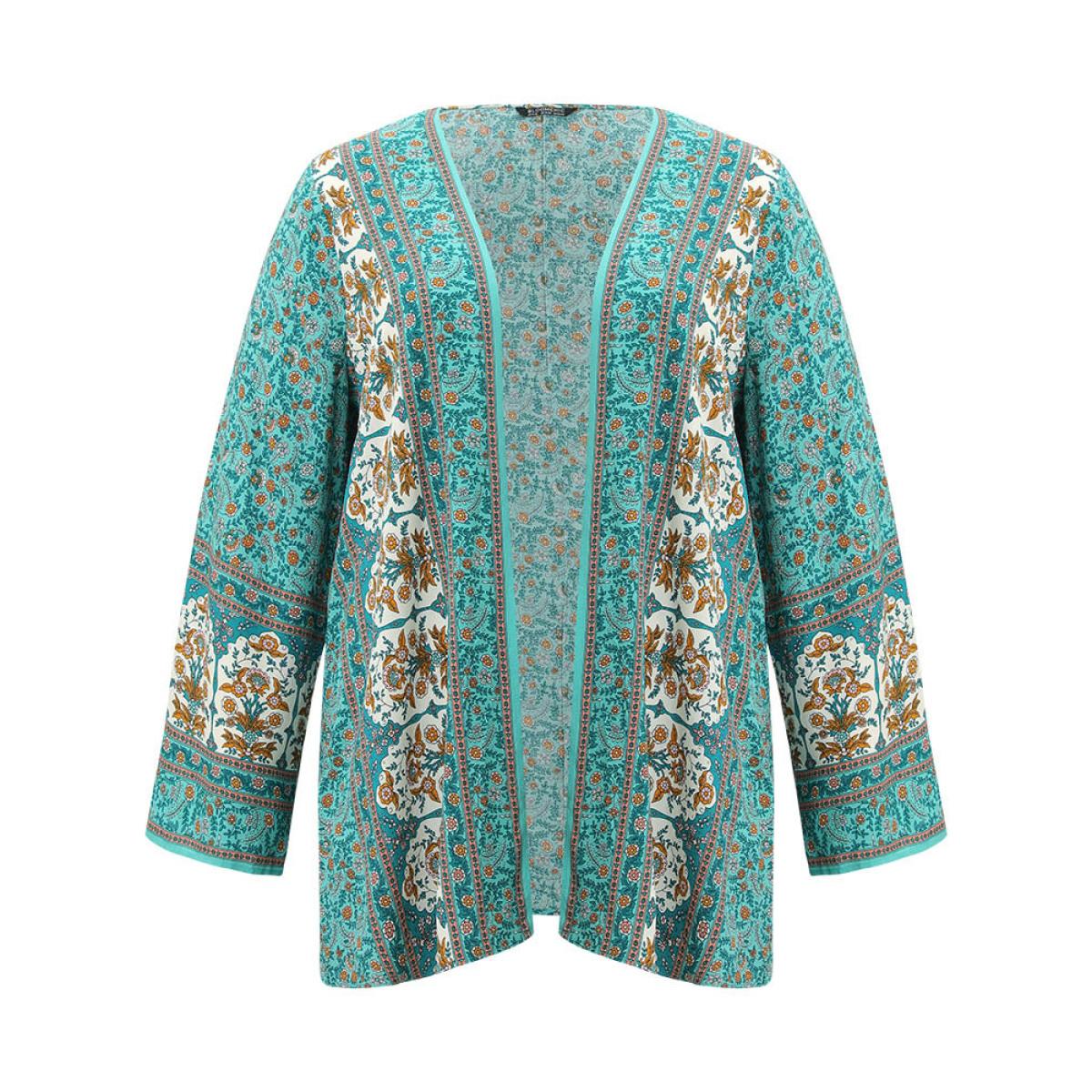 Plus Size Boho Print Flutter Sleeve Open Front Kimono Women Turquoise Casual Printed Loose Dailywear Kimonos BloomChic 18-20/2X Product Image