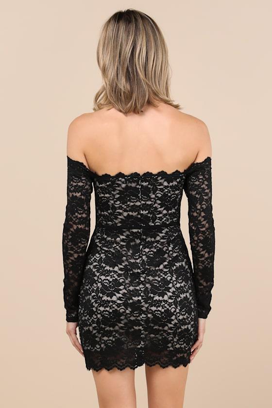 Mesmerizing Intent Black Lace Off-the-Shoulder Mini Dress Product Image
