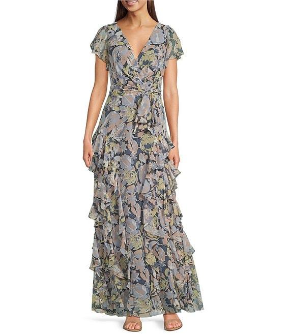 Lauren Ralph Lauren Floral Georgette V-Neck Short Flutter Sleeve Ruffle A-Line Gown Product Image