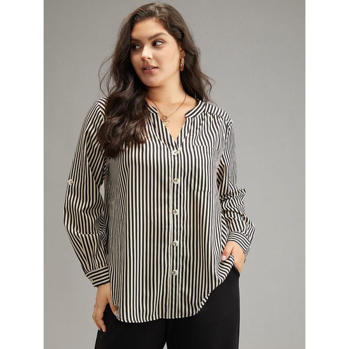 Plus Size LightBrown Striped Notched Button Through Blouse Women Office Long Sleeve Shirt collar Work Blouses BloomChic 30/6X Product Image
