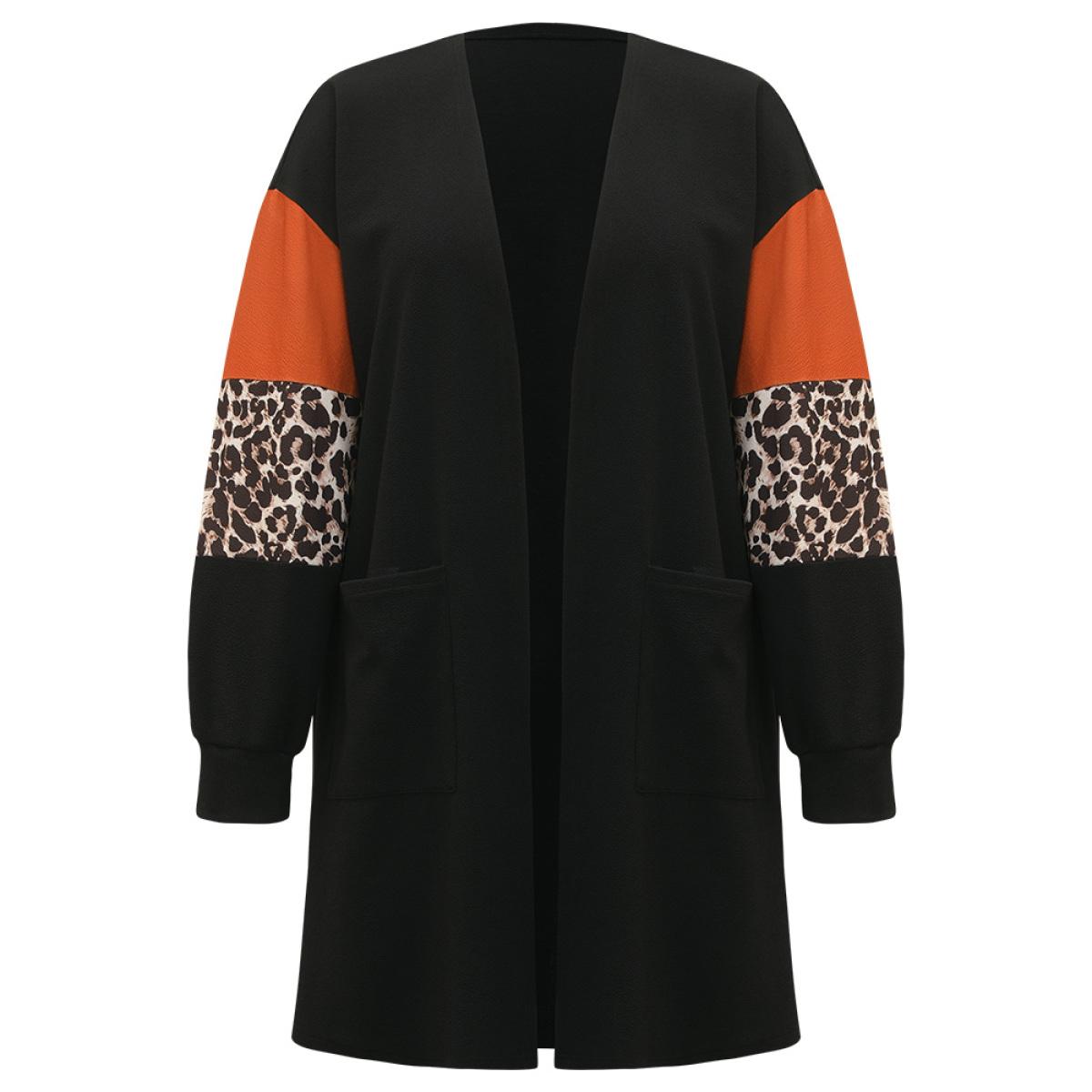 Plus Size Halloween Leopard Patchwork Rib Knit Patched Pocket Kimono Women Multicolor Casual Elastic cuffs Pocket Dailywear Kimonos BloomChic 26/4X Product Image